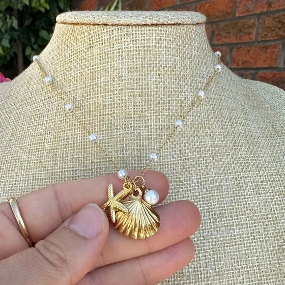 Starfish Seashel Pearl 18KGold Plated Stainless Steel Waterproof Necklace - Picture 4 of 17